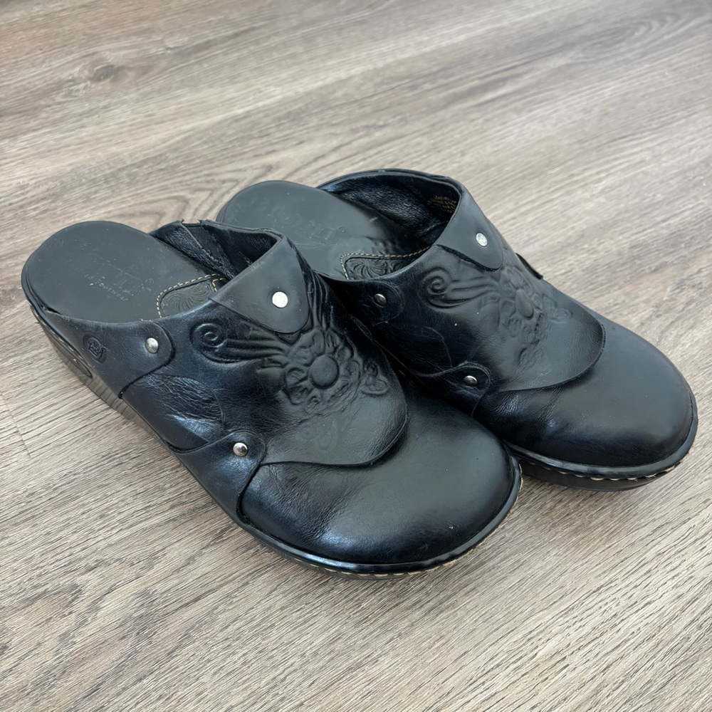 Born Caroline Black tooled Leather Slip on Mule Clogs